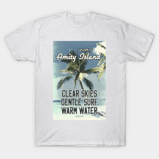 JAWS Amity Island Vintage 1975 Style Movie Poster Clear Skies Gentle Surf Warm Water T-Shirt by Naumovski